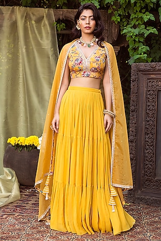 Yellow Crepe & Georgette Lehenga Set For Girls by Chhavvi Aggarwal - Kids