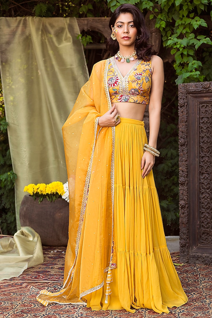 Yellow Crepe & Georgette Lehenga Set For Girls by Chhavvi Aggarwal - Kids at Pernia's Pop Up Shop