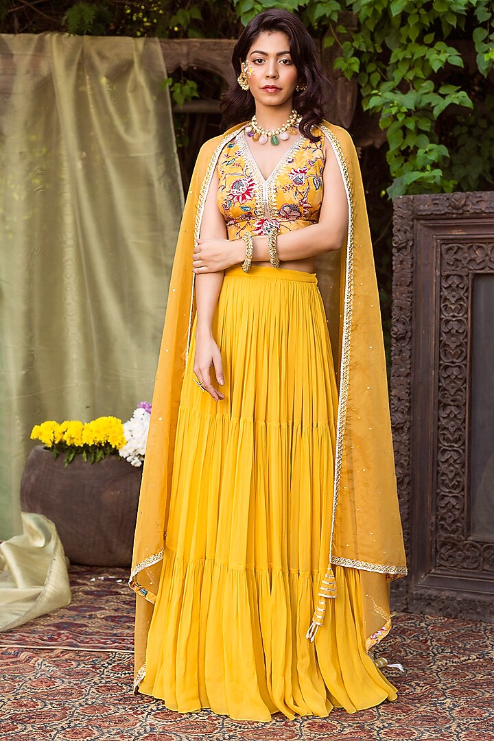 Yellow Crepe & Georgette Lehenga Set For Girls by Chhavvi Aggarwal - Kids at Pernia's Pop Up Shop
