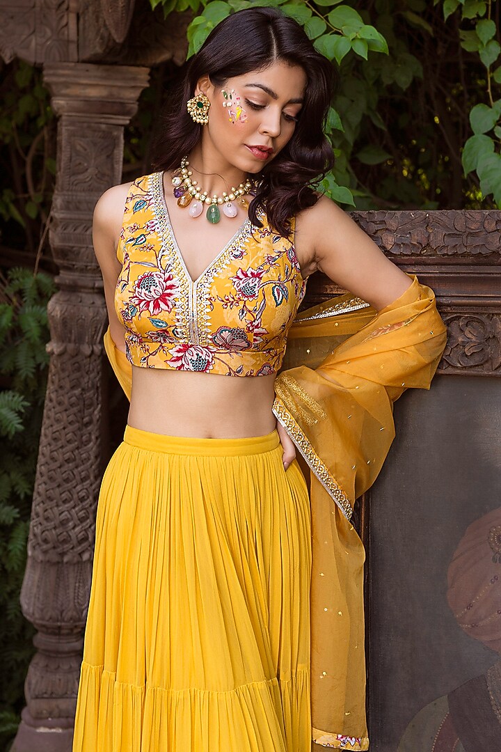 Yellow Crepe & Georgette Lehenga Set For Girls by Chhavvi Aggarwal - Kids at Pernia's Pop Up Shop