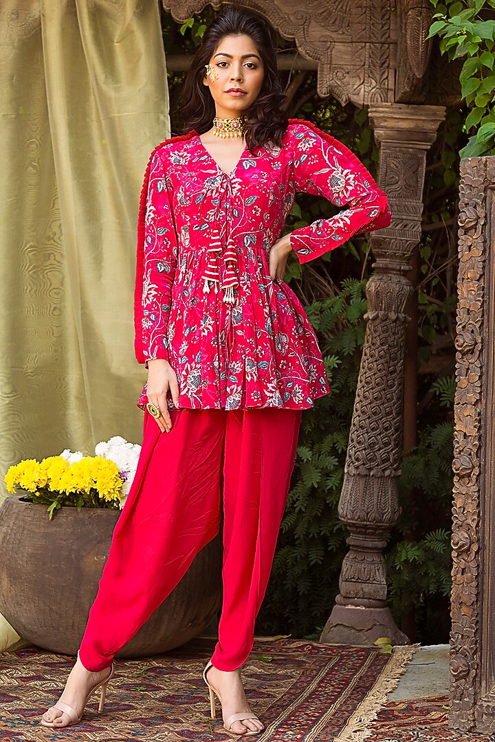 Red Crepe Dhoti Set For Girls by Chhavvi Aggarwal - Kids at Pernia's Pop Up Shop
