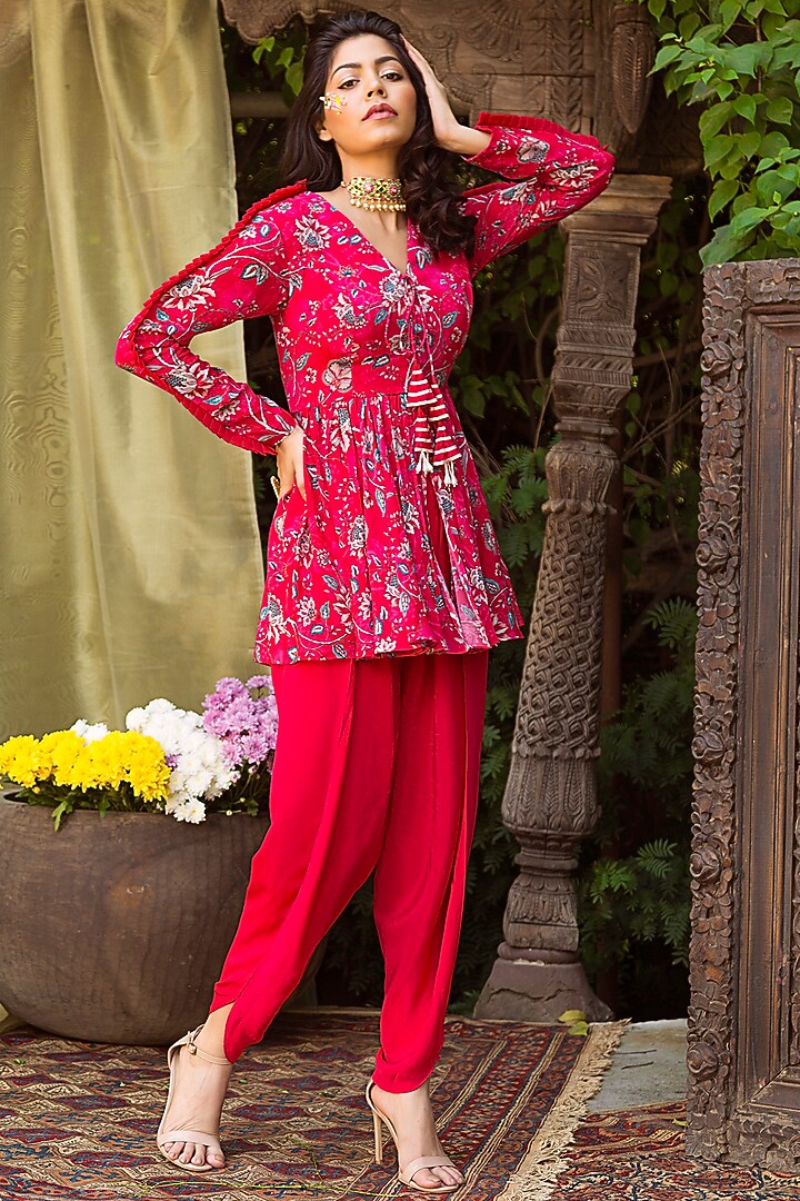 Red Crepe Dhoti Set For Girls by Chhavvi Aggarwal - Kids at Pernia's Pop Up Shop