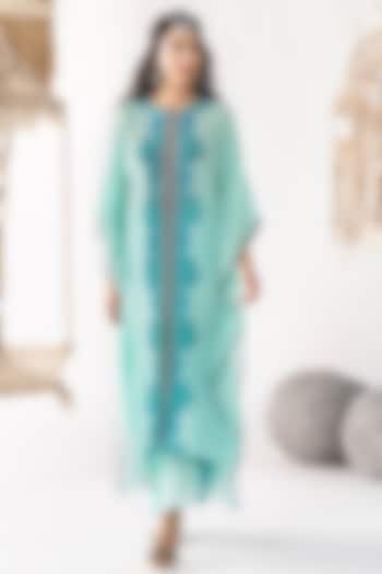 Aqua Blue Crepe Printed Kaftan Set by Chhavvi Aggarwal at Pernia's Pop Up Shop