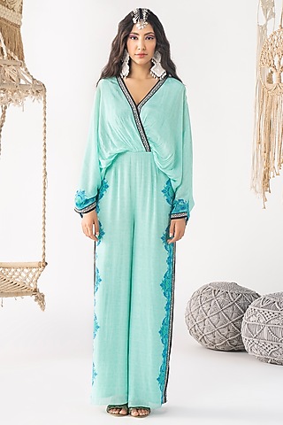 Aqua Blue Crepe Printed Jumpsuit by Chhavvi Aggarwal