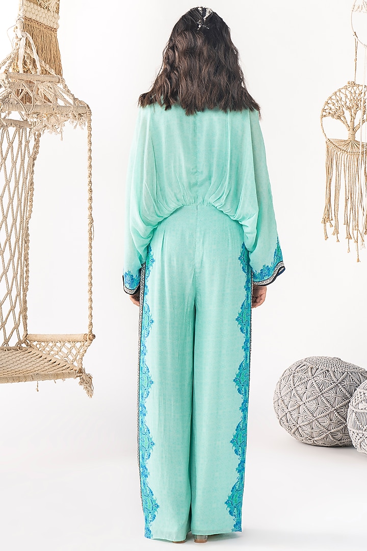 Aqua Blue Crepe Printed Jumpsuit by Chhavvi Aggarwal at Pernia's Pop Up Shop