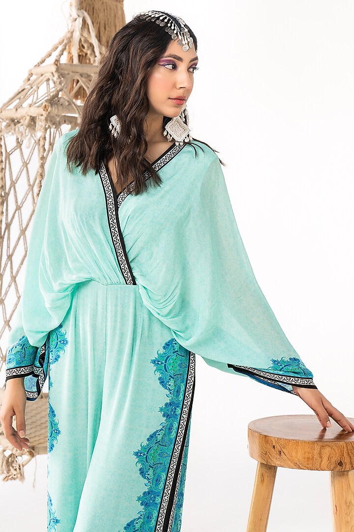 Aqua Blue Crepe Printed Jumpsuit by Chhavvi Aggarwal at Pernia's Pop Up Shop
