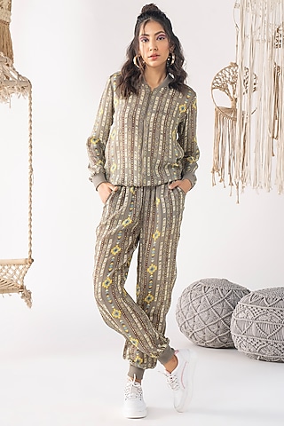 Grey Crepe Printed Jacket by Chhavvi Aggarwal