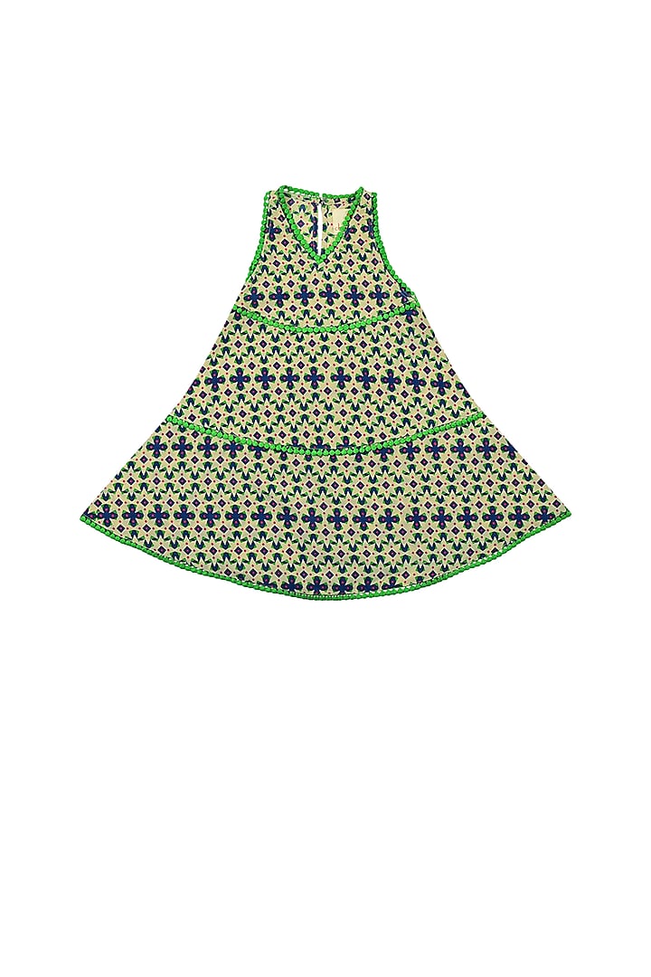 Blue Printed Tiered Dress For Girls by Charkhee Kids