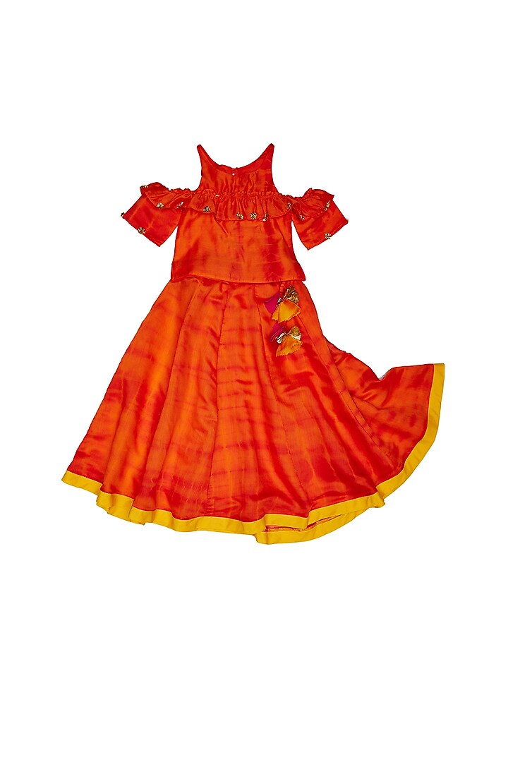 Orange Printed Lehenga Set For Girls by Charkhee Kids