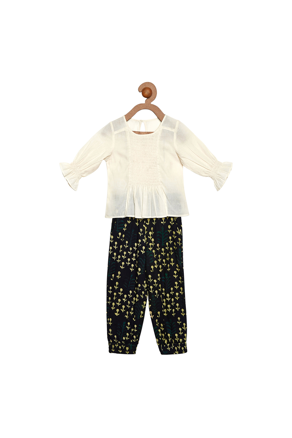 Cream & Black Pant Set For Girls by Charkhee Kids