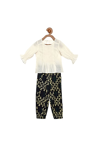 Cream & Black Pant Set For Girls by Charkhee Kids