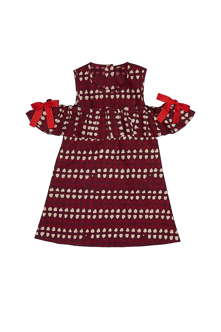 Maroon Ruffled Cold Shoulder Dress For Girls by Charkhee Kids