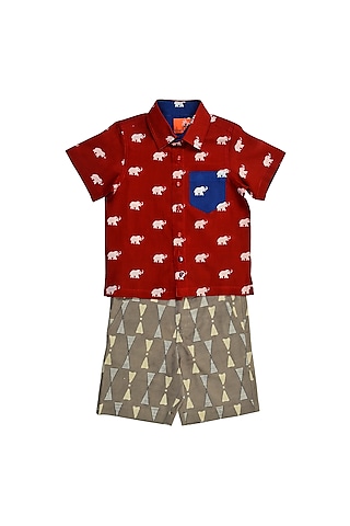 Red & Grey Printed Shirt Set For Boys by Charkhee Kids