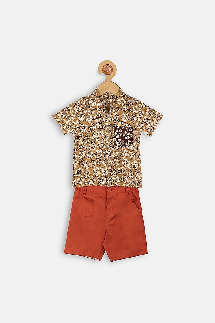 Mustard & Red Printed Shirt Set For Boys by Charkhee Kids