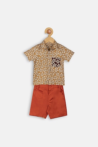 Mustard & Red Printed Shirt Set For Boys by Charkhee Kids