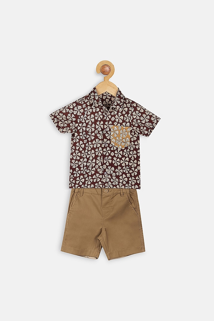 Maroon Printed Shirt Set For Boys by Charkhee Kids