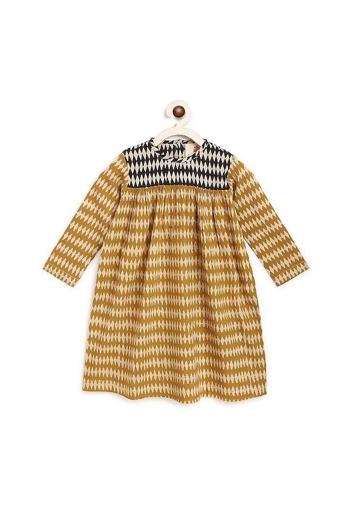Mustard Printed A Line Dress For Girls by Charkhee Kids