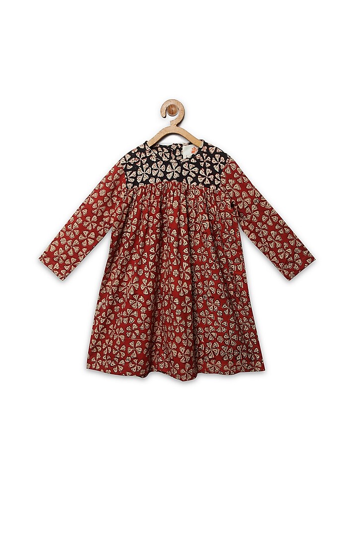 Red Printed Floral Dress For Girls by Charkhee Kids