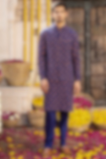 Royal Blue Printed Kurta Set With Nehru Jacket by Chhavvi Aggarwal Men