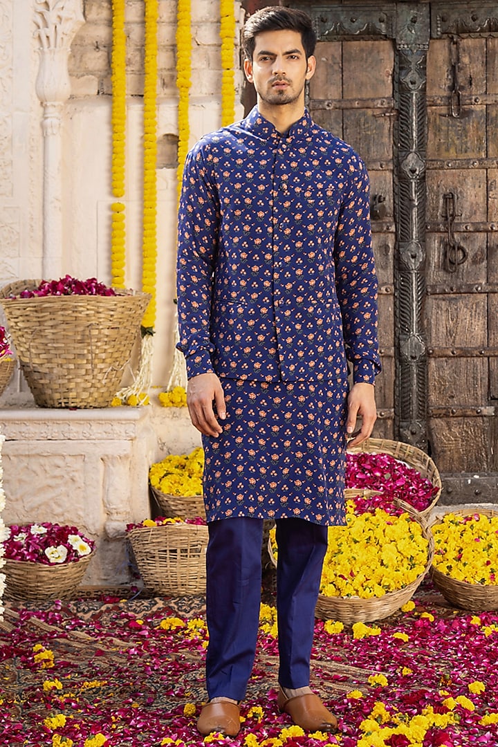 Royal Blue Printed Kurta Set With Nehru Jacket by Chhavvi Aggarwal Men