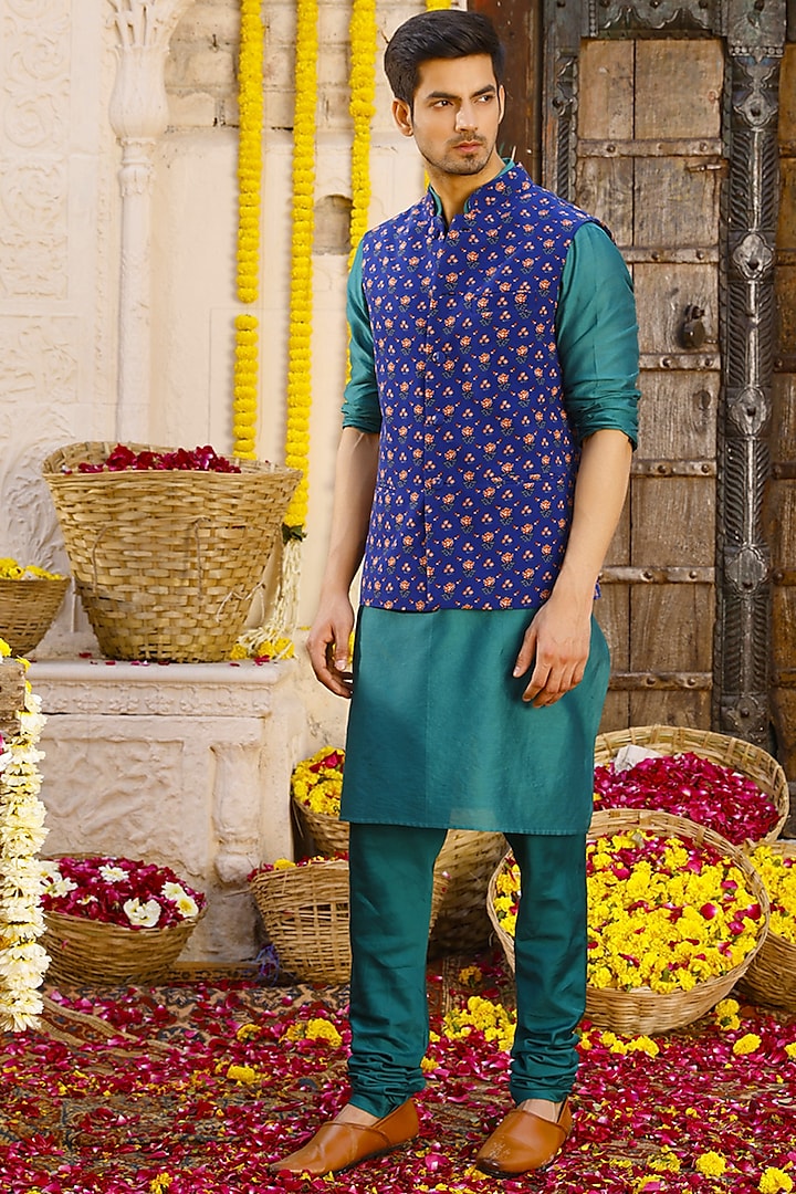 Bottle Green Crepe Nehru Jacket Set by Chhavvi Aggarwal Men