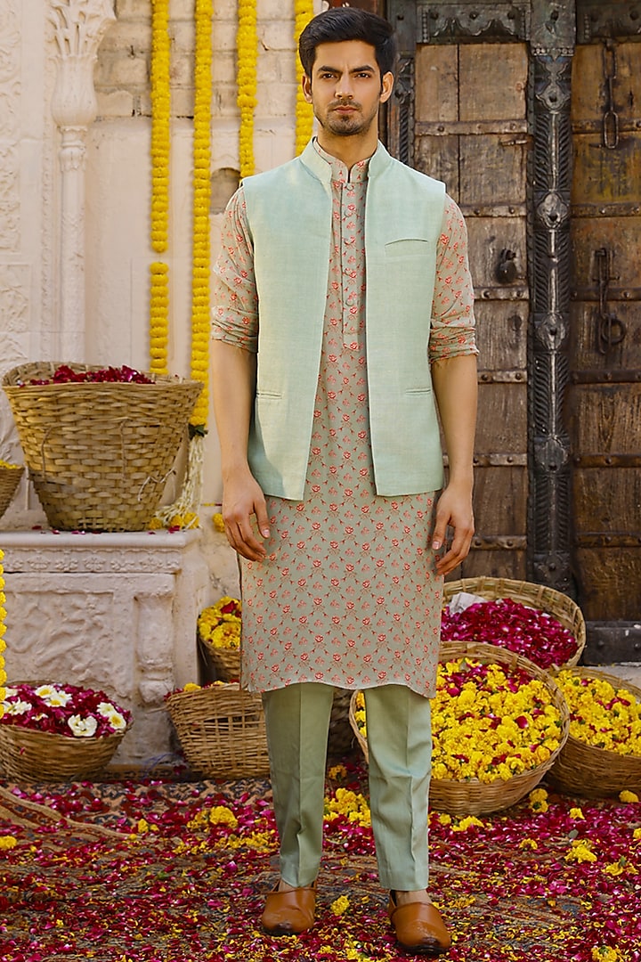 Sage Green Raw Silk Indowestern Set by Chhavvi Aggarwal Men