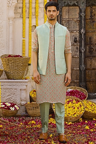 Sage Green Raw Silk Indowestern Set by Chhavvi Aggarwal Men