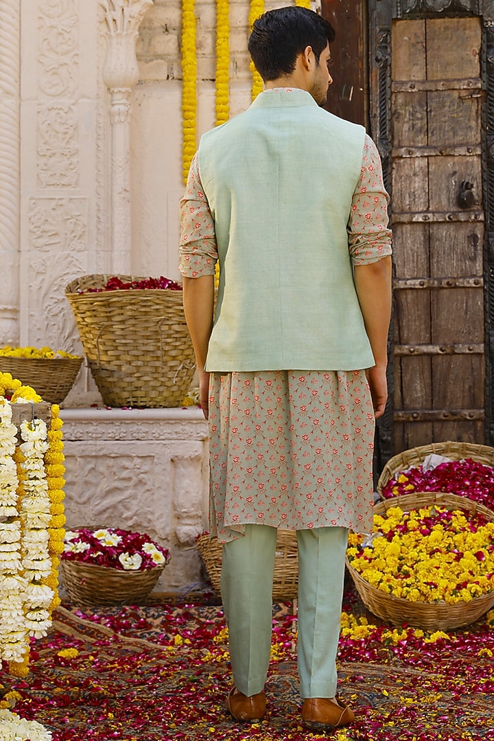 Sage Green Raw Silk Indowestern Set by Chhavvi Aggarwal Men at Pernia's Pop Up Shop