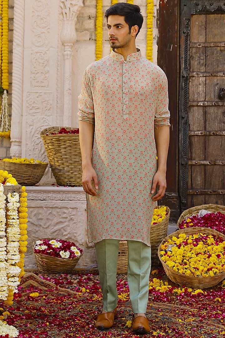 Sage Green Printed Kurta Set by Chhavvi Aggarwal Men