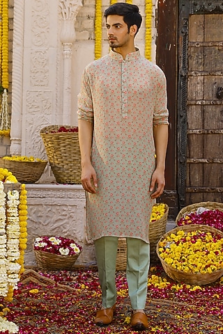 Sage Green Printed Kurta Set by Chhavvi Aggarwal Men