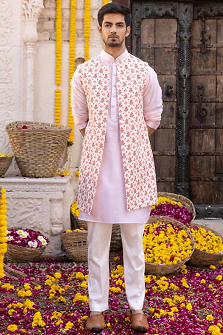 Light Peach Kurta Set With Jacket by Chhavvi Aggarwal Men