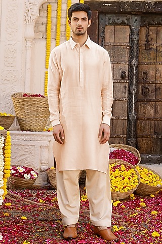 Beige Pathani Kurta Set by Chhavvi Aggarwal Men