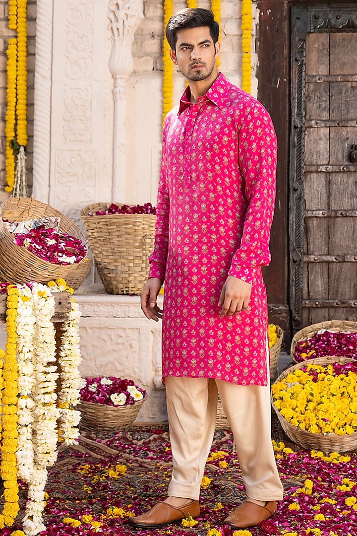 Hot Pink Pathani Kurta Set by Chhavvi Aggarwal Men