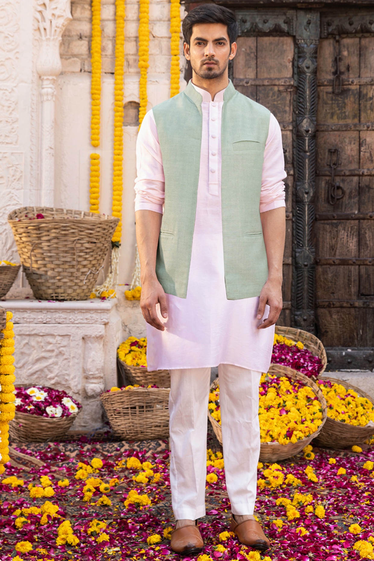 Buy Peach Silk Mens Nehru Jacket (NMK-5992) Online