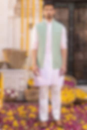Sage Green Matka Silk & Chanderi Cotton Nehru Jacket Set by Chhavvi Aggarwal Men
