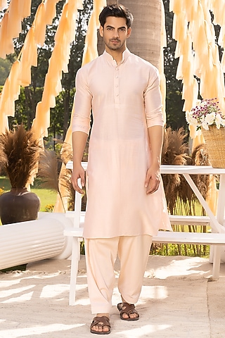 Nude Pink Crepe Kurta Set by Chhavvi Aggarwal Men