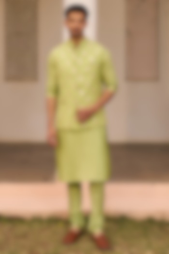 Green Banarasi Bundi Jacket Set by Chhavvi Aggarwal Men