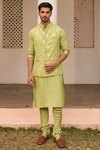 Green Banarasi Bundi Jacket Set by Chhavvi Aggarwal Men