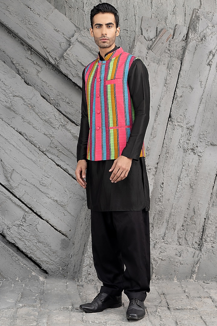 Multi-Colored Glaze Cotton Printed Bundi Jacket Set by Chhavvi Aggarwal Men