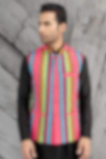 Multi-Colored Crepe Printed Bundi Jacket by Chhavvi Aggarwal Men