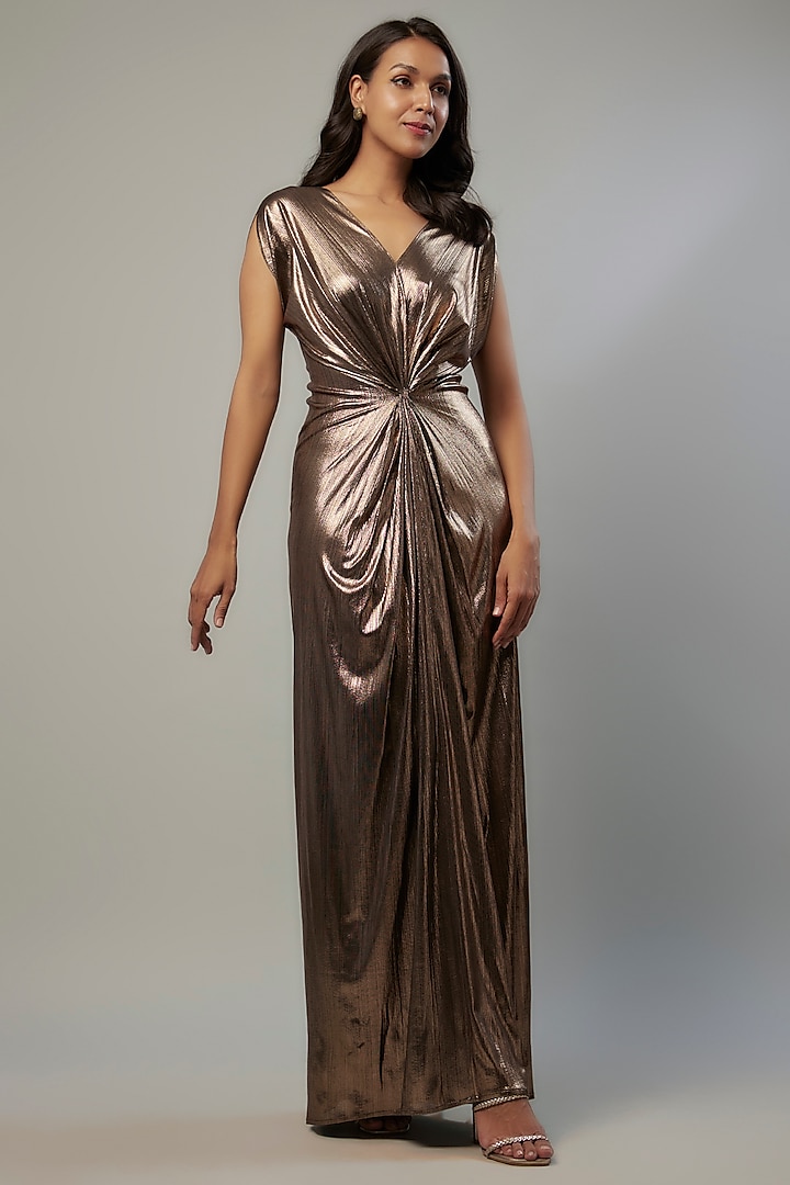 Golden Stretch Knit Foil Draped Gown by CHAM CHAM