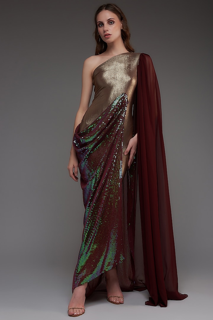 Bronze & Maroon Georgette One-Shoulder Gown by CHAM CHAM
