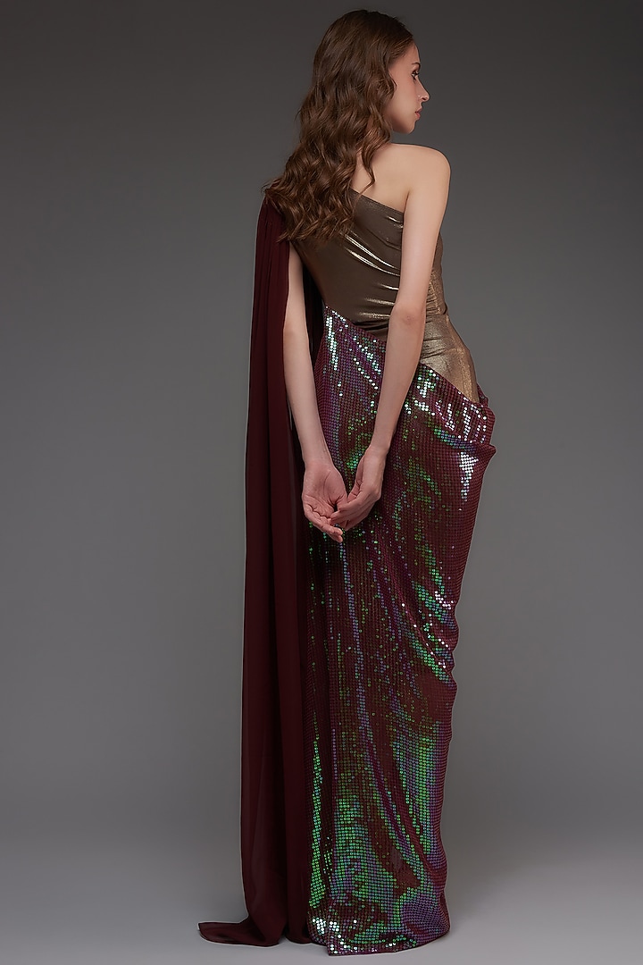 Bronze & Maroon Georgette One-Shoulder Party Wear Gown by CHAM CHAM at Pernia's Pop Up Shop