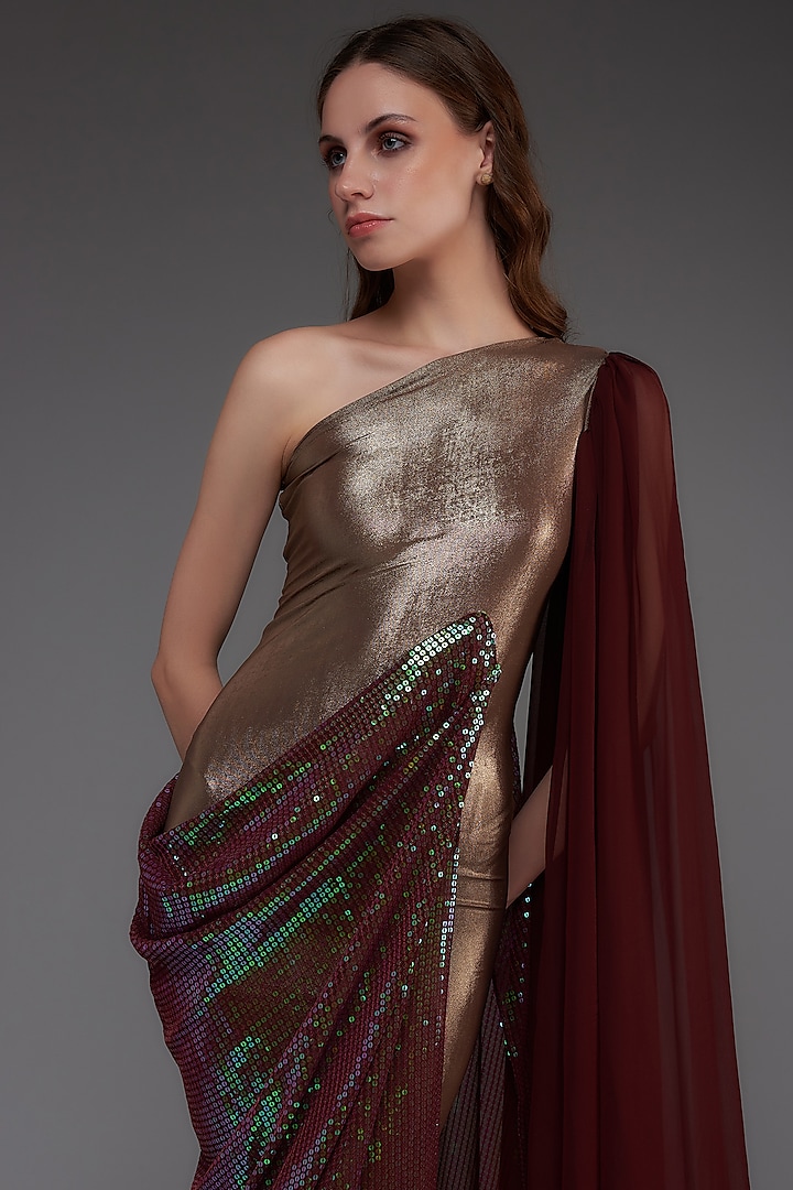 Bronze & Maroon Georgette One-Shoulder Party Wear Gown by CHAM CHAM at Pernia's Pop Up Shop