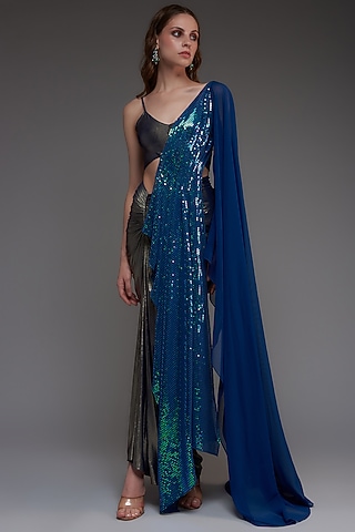 Grey & Blue Georgette Metallic Skirt Set by CHAM CHAM
