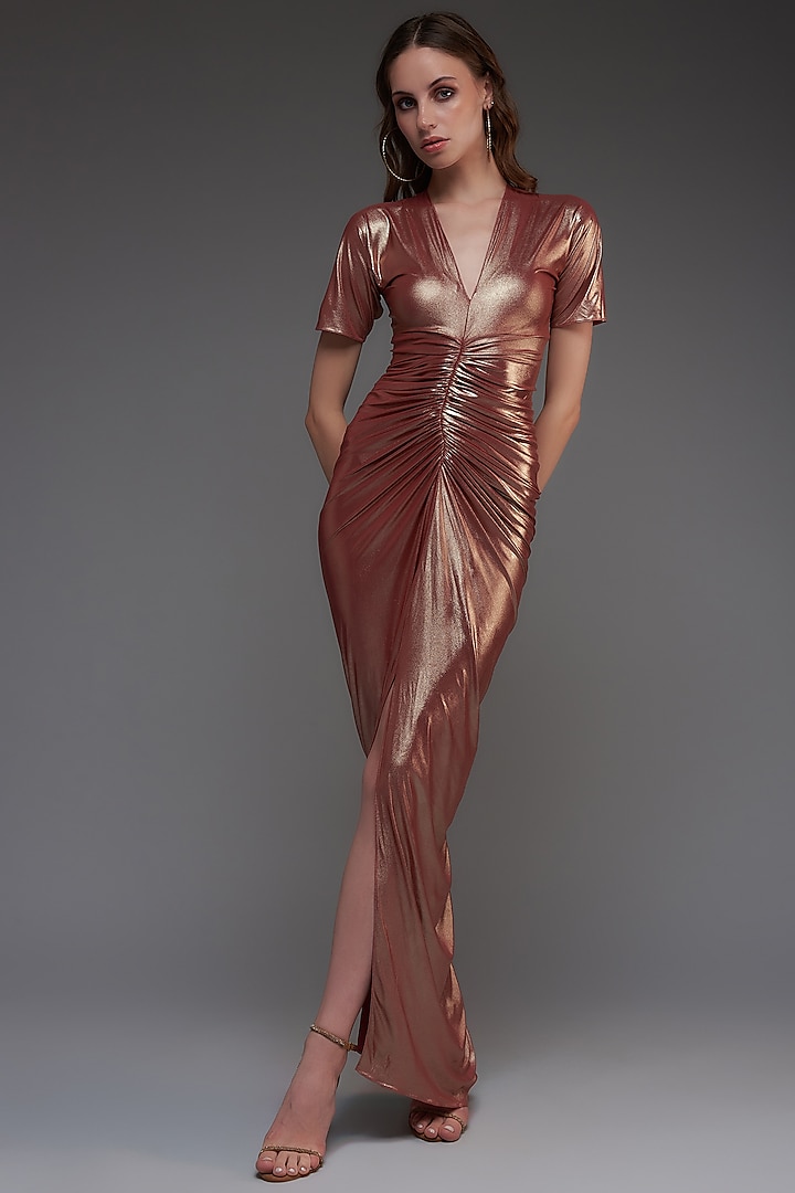 Metallic Red Stretch Knit Foil Draped Gown by CHAM CHAM