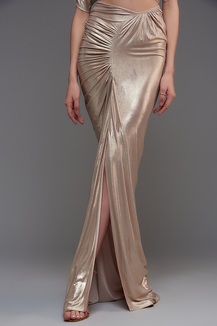 Champagne Stretch Knit Foil Skirt Set by CHAM CHAM at Pernia's Pop Up Shop