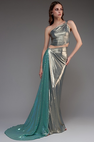 Turquoise Stretch Knit Foil Skirt Set by CHAM CHAM