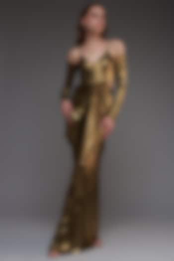 Brass Stretch Knit Foil Draped Gown by CHAM CHAM