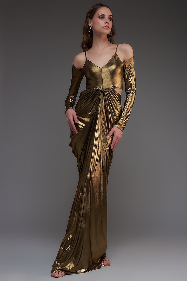 Brass Stretch Knit Foil Draped Gown by CHAM CHAM